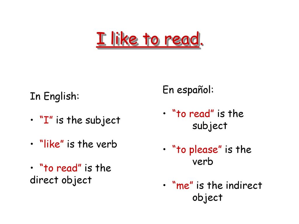 I like to read. En español: In English: to read is the subject