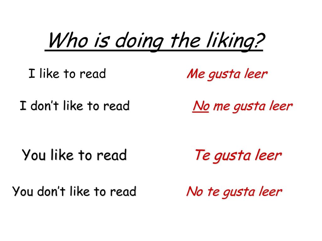 Who is doing the liking You like to read Te gusta leer I like to read