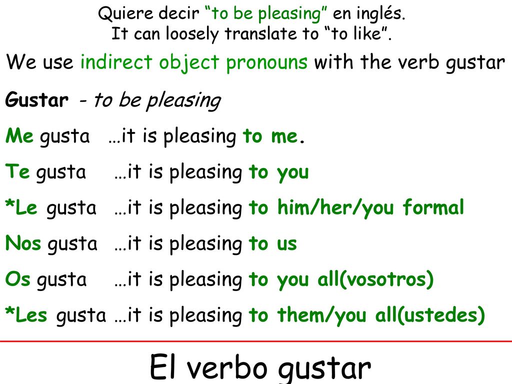 El verbo gustar We use indirect object pronouns with the verb gustar