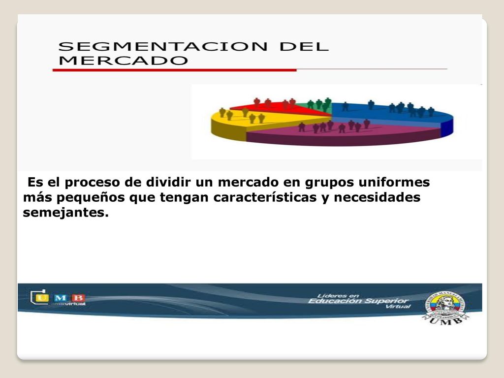 Es el proceso de dividir un mercado en grupos uniformes más pequeños que tengan características y necesidades semejantes.