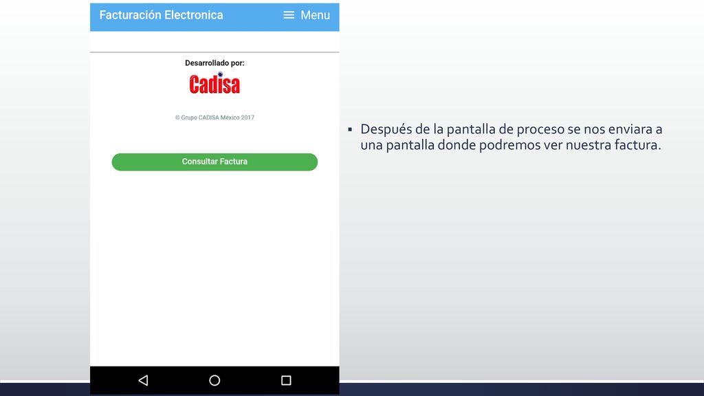 Después de la pantalla de proceso se nos enviara a una pantalla donde podremos ver nuestra factura.