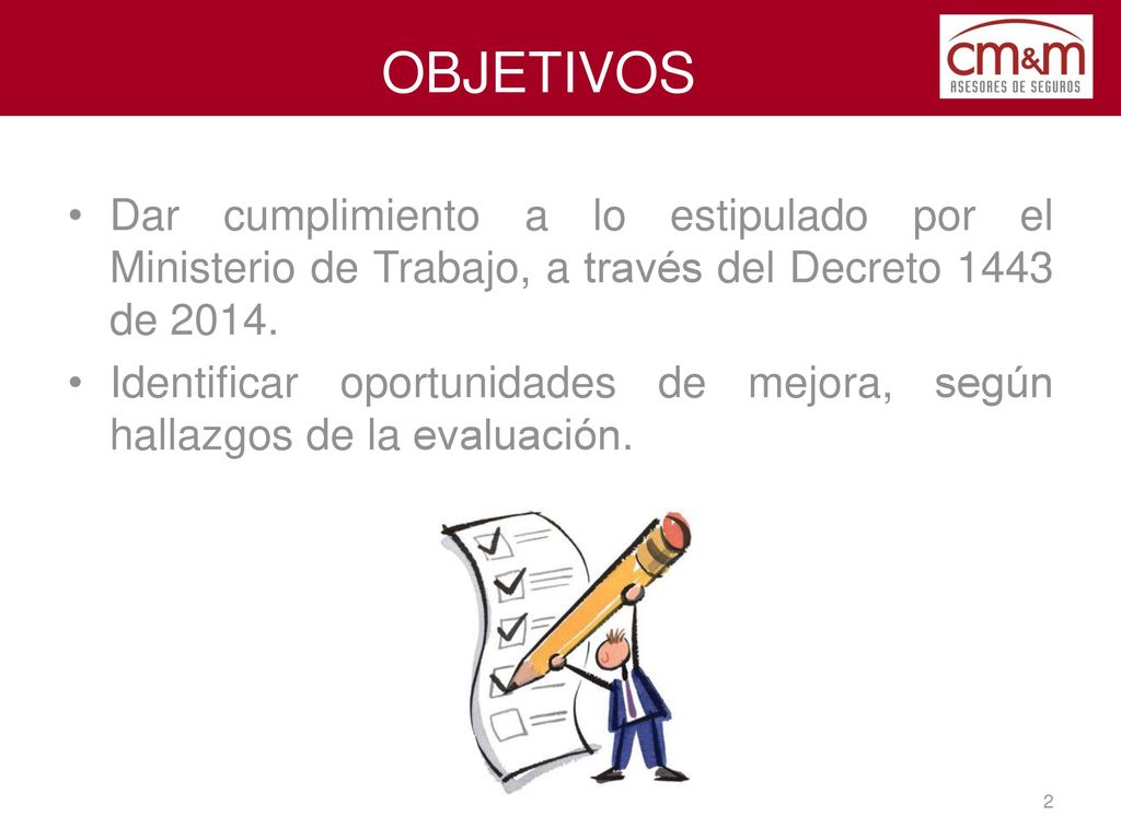 OBJETIVOS Dar cumplimiento a lo estipulado por el Ministerio de Trabajo, a través del Decreto 1443 de