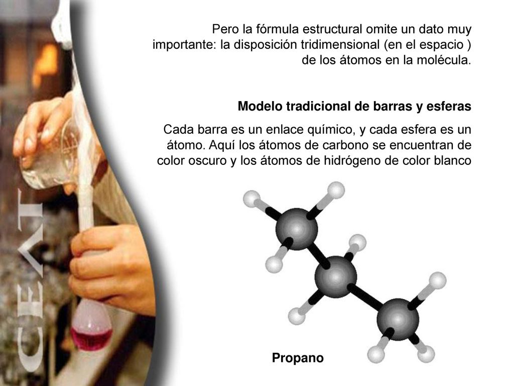 Pero la fórmula estructural omite un dato muy importante: la disposición tridimensional (en el espacio ) de los átomos en la molécula.