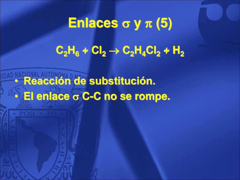 Enlaces  y  (5) C2H6 + Cl2  C2H4Cl2 + H2 Reacción de substitución.