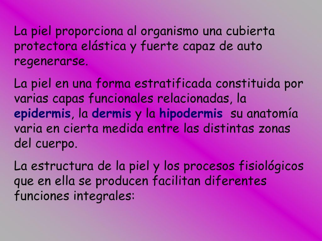 La piel proporciona al organismo una cubierta protectora elástica y fuerte capaz de auto regenerarse.