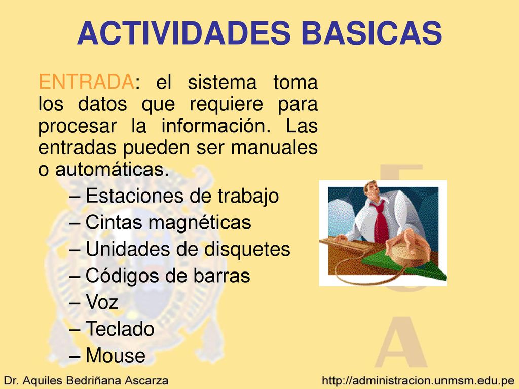 ACTIVIDADES BASICAS ENTRADA: el sistema toma los datos que requiere para procesar la información. Las entradas pueden ser manuales o automáticas.