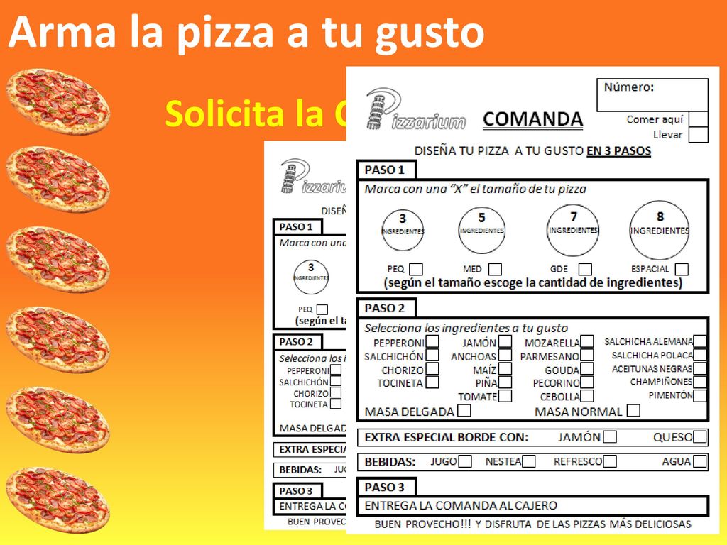 Arma la pizza a tu gusto Solicita la COMANDA al cajero