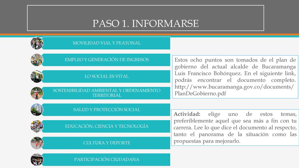 PASO 1. INFORMARSE MOVILIDAD VIAL Y PEATONAL. EMPLEO Y GENERACIÓN DE INGRESOS. LO SOCIAL ES VITAL.