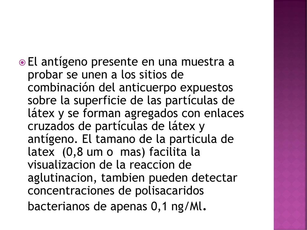 El antígeno presente en una muestra a probar se unen a los sitios de combinación del anticuerpo expuestos sobre la superficie de las partículas de látex y se forman agregados con enlaces cruzados de partículas de látex y antígeno.