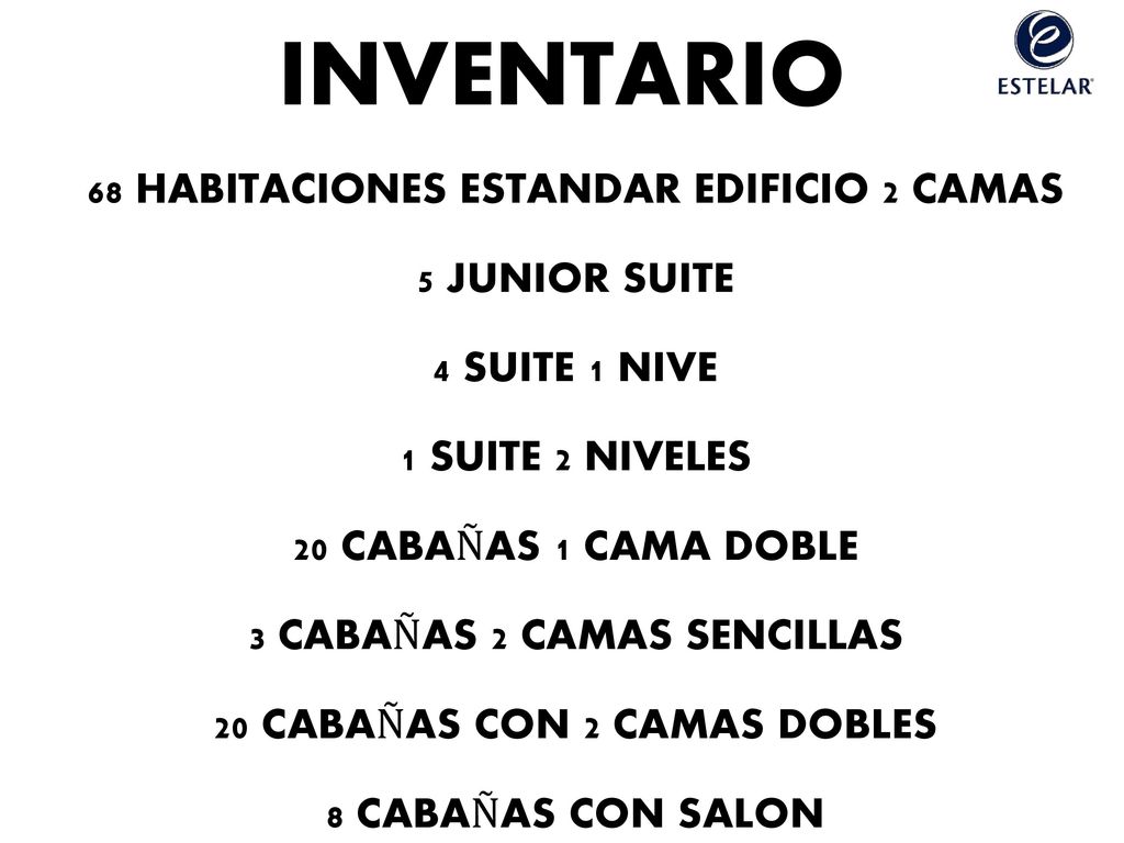 INVENTARIO 68 HABITACIONES ESTANDAR EDIFICIO 2 CAMAS 5 JUNIOR SUITE