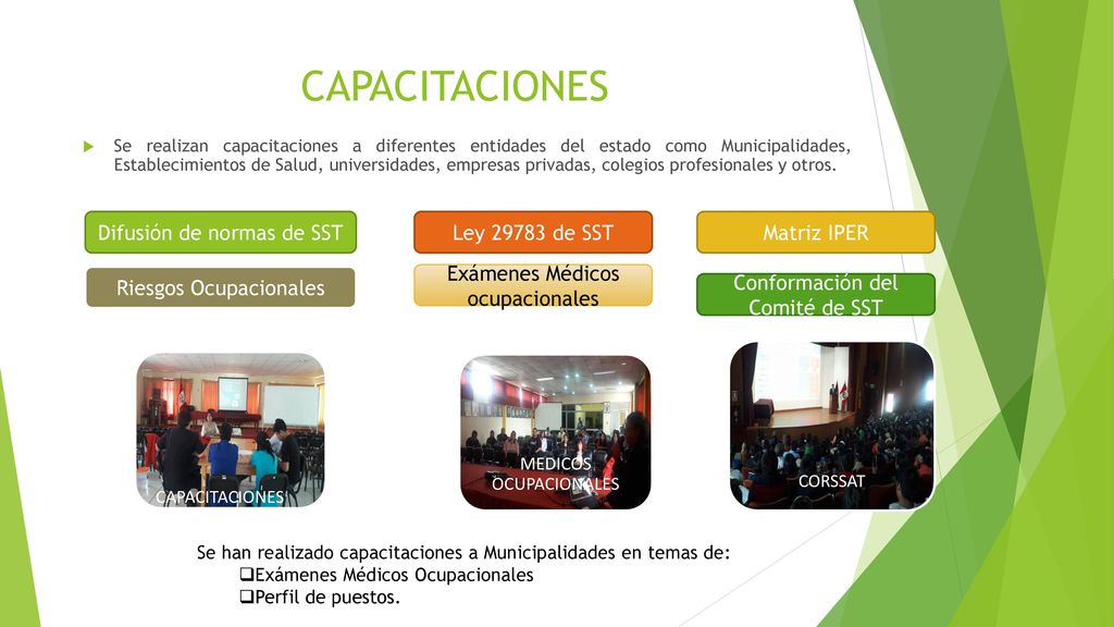 CAPACITACIONES Difusión de normas de SST Ley de SST Matriz IPER