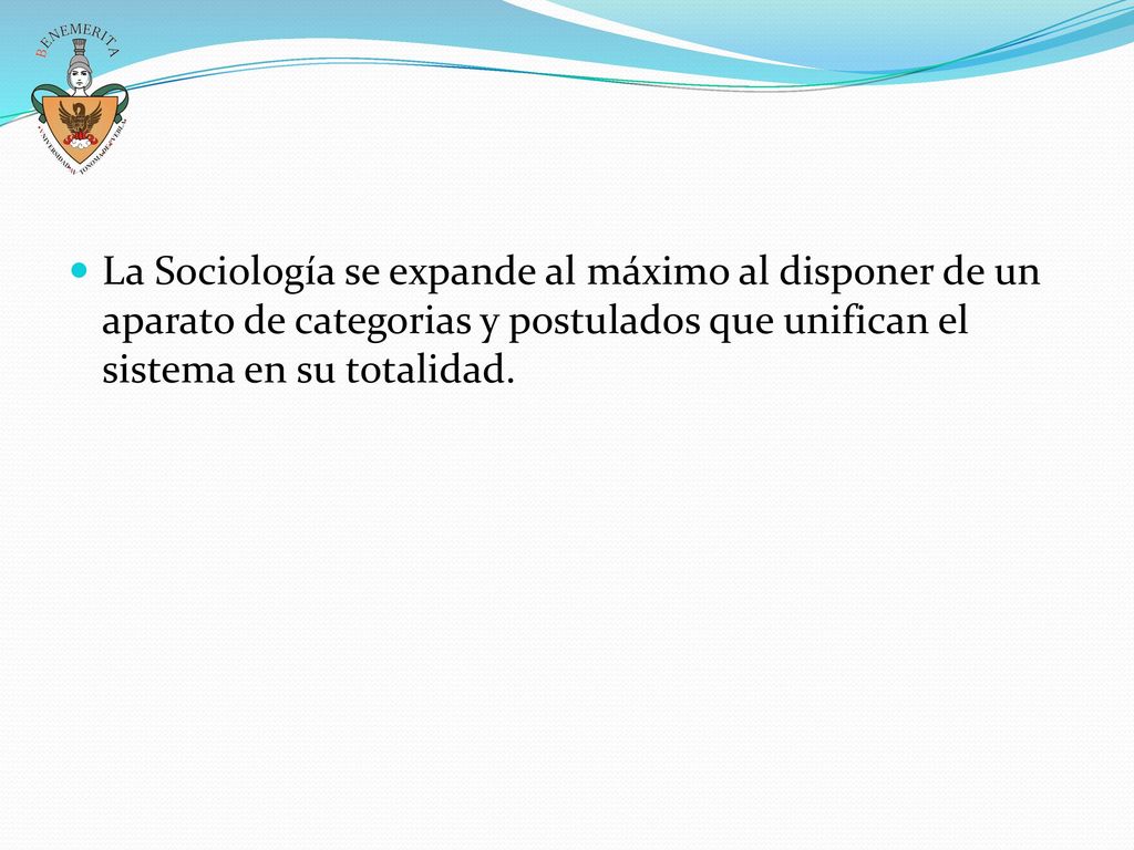 La Sociología se expande al máximo al disponer de un aparato de categorias y postulados que unifican el sistema en su totalidad.