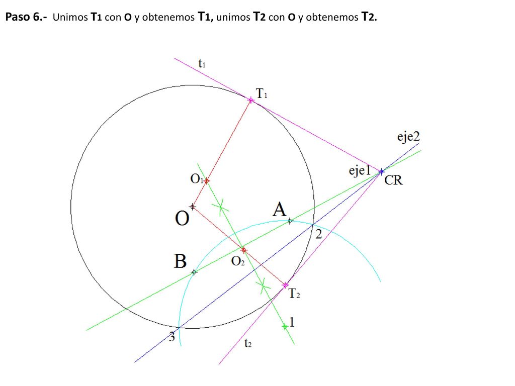 Paso 6.- Unimos T1 con O y obtenemos T1, unimos T2 con O y obtenemos T2.