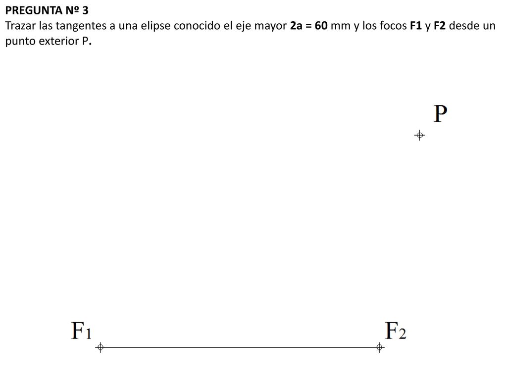 PREGUNTA Nº 3 Trazar las tangentes a una elipse conocido el eje mayor 2a = 60 mm y los focos F1 y F2 desde un punto exterior P.