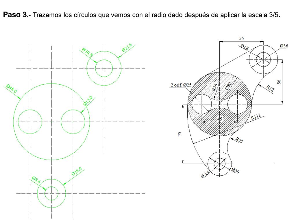 Paso 3.- Trazamos los círculos que vemos con el radio dado después de aplicar la escala 3/5.