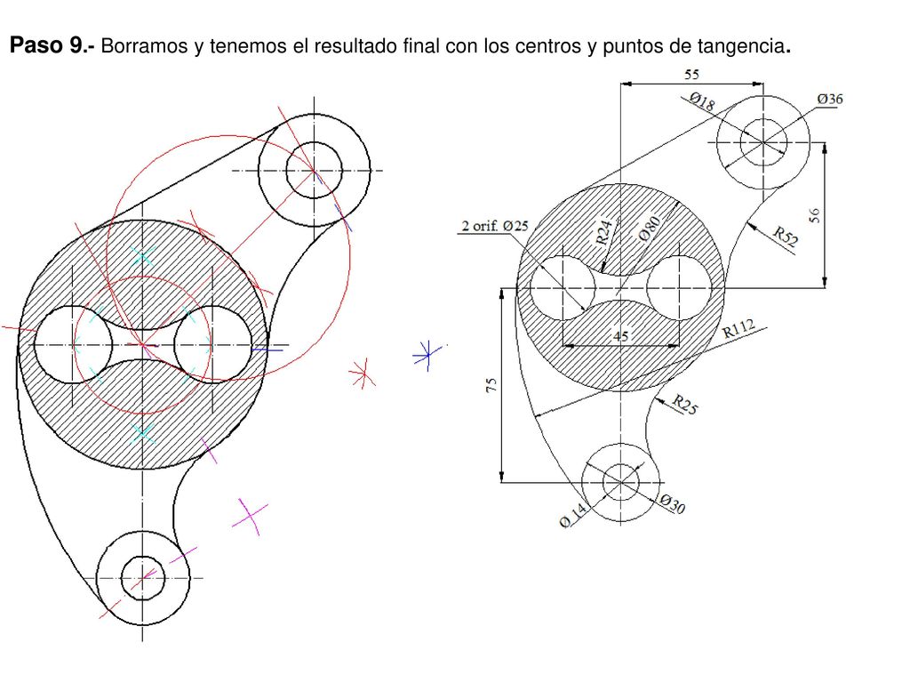 Paso 9.- Borramos y tenemos el resultado final con los centros y puntos de tangencia.