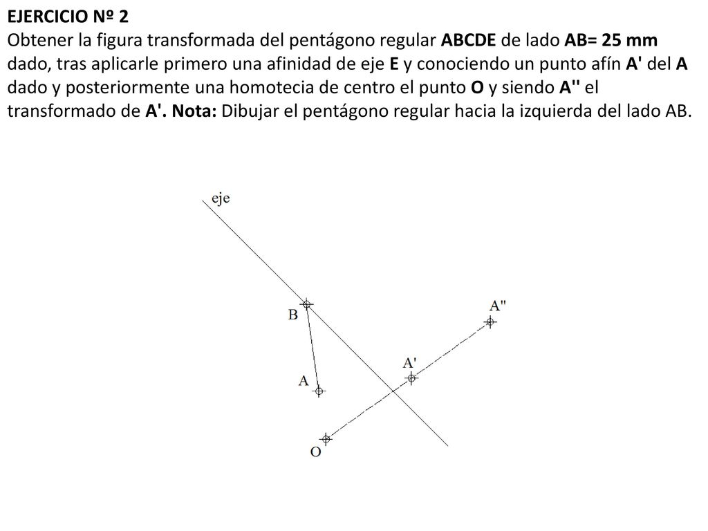 EJERCICIO Nº 2 Obtener la figura transformada del pentágono regular ABCDE de lado AB= 25 mm dado, tras aplicarle primero una afinidad de eje E y conociendo un punto afín A del A dado y posteriormente una homotecia de centro el punto O y siendo A el transformado de A .