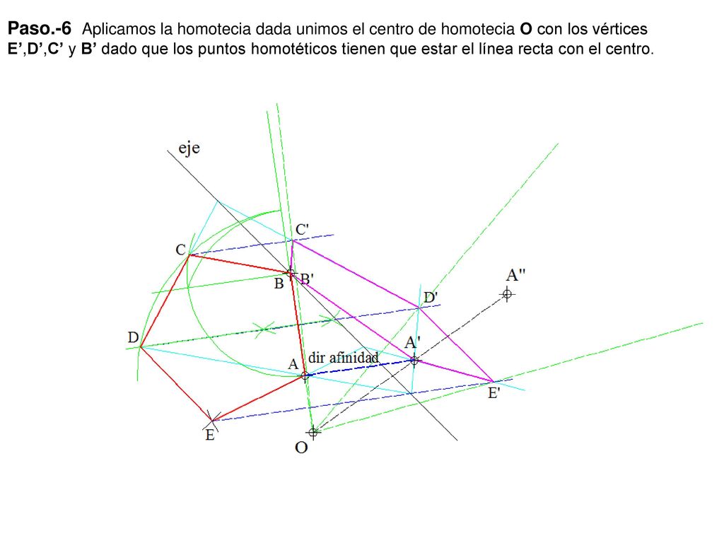 Paso.-6 Aplicamos la homotecia dada unimos el centro de homotecia O con los vértices E’,D’,C’ y B’ dado que los puntos homotéticos tienen que estar el línea recta con el centro.