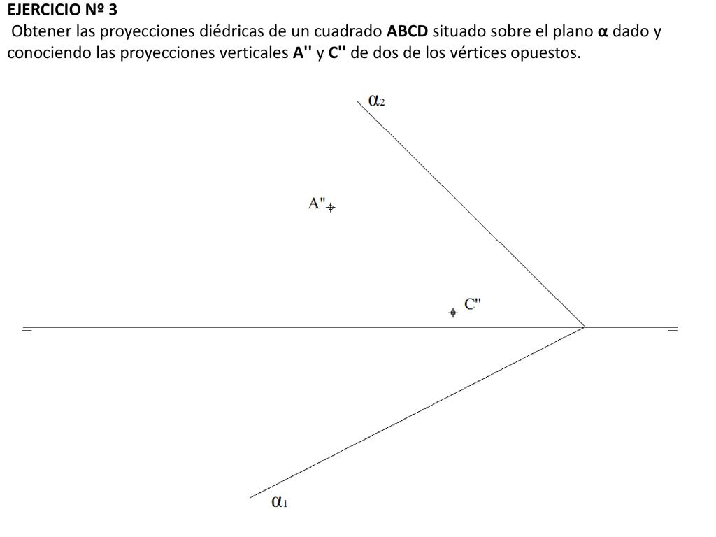 EJERCICIO Nº 3 Obtener las proyecciones diédricas de un cuadrado ABCD situado sobre el plano α dado y conociendo las proyecciones verticales A y C de dos de los vértices opuestos.
