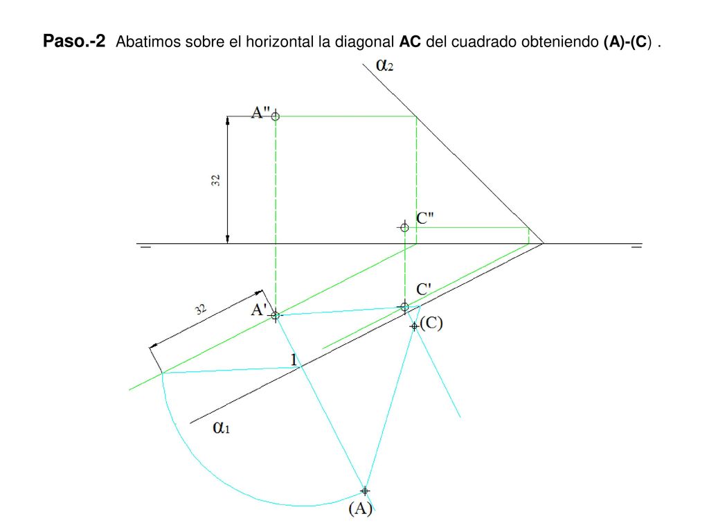 Paso.-2 Abatimos sobre el horizontal la diagonal AC del cuadrado obteniendo (A)-(C) .