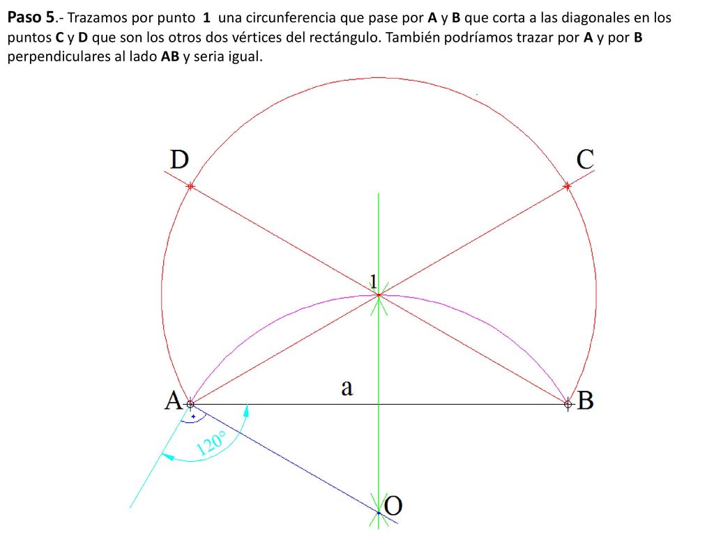 Paso 5.- Trazamos por punto 1 una circunferencia que pase por A y B que corta a las diagonales en los puntos C y D que son los otros dos vértices del rectángulo.