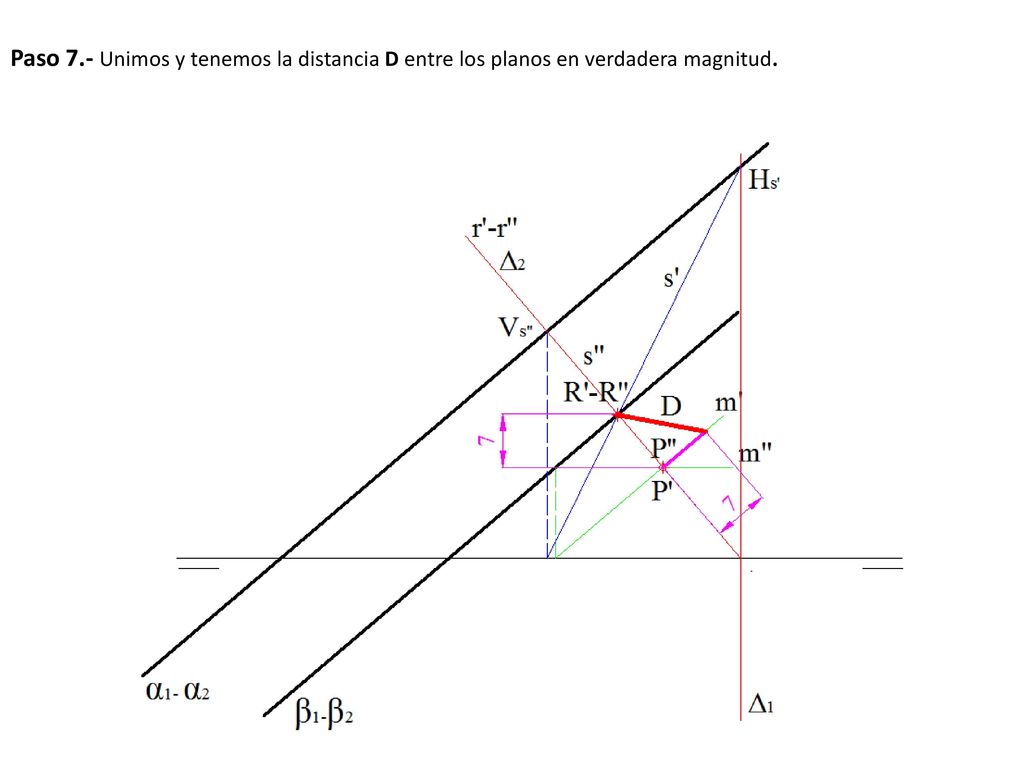 Paso 7.- Unimos y tenemos la distancia D entre los planos en verdadera magnitud.