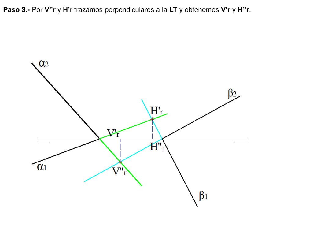 Paso 3.- Por V’’r y H’r trazamos perpendiculares a la LT y obtenemos V’r y H’’r.