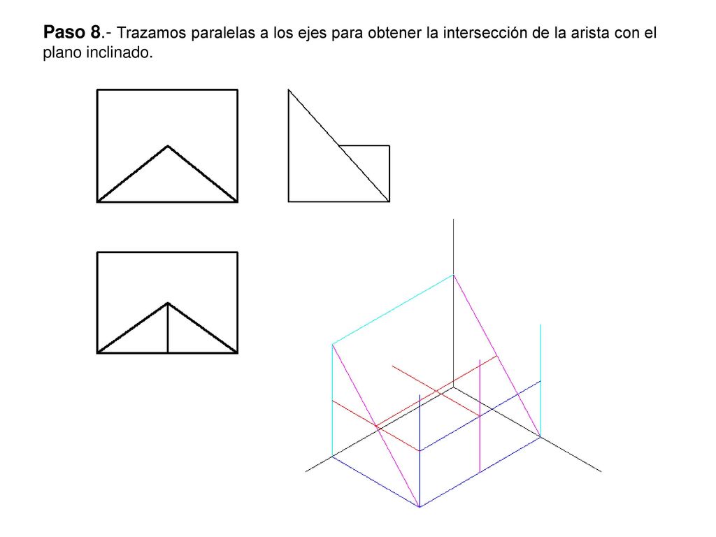 Paso 8.- Trazamos paralelas a los ejes para obtener la intersección de la arista con el plano inclinado.
