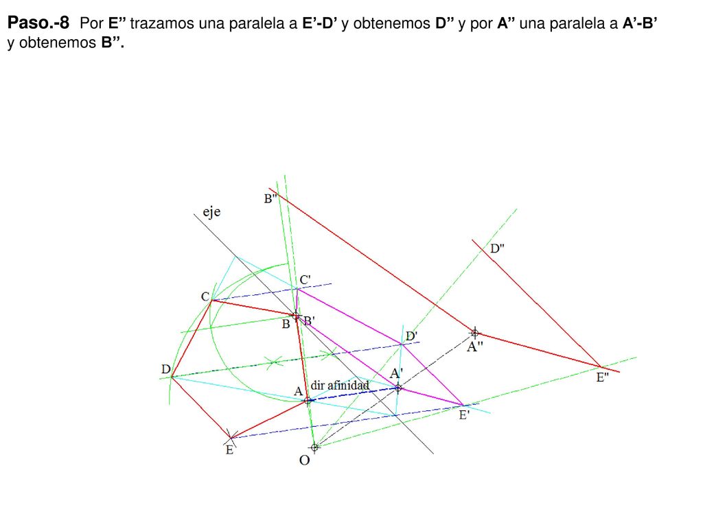 Paso.-8 Por E’’ trazamos una paralela a E’-D’ y obtenemos D’’ y por A’’ una paralela a A’-B’ y obtenemos B’’.
