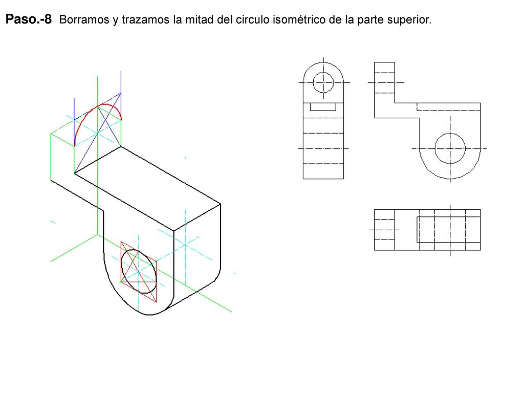 Paso.-8 Borramos y trazamos la mitad del circulo isométrico de la parte superior.