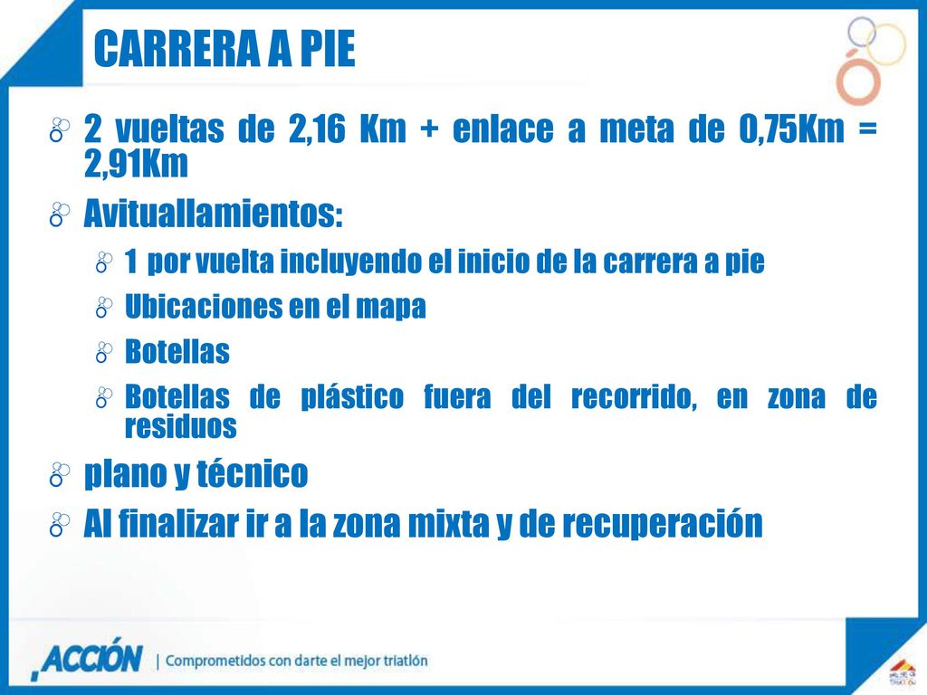 Carrera a pie 2 vueltas de 2,16 Km + enlace a meta de 0,75Km = 2,91Km