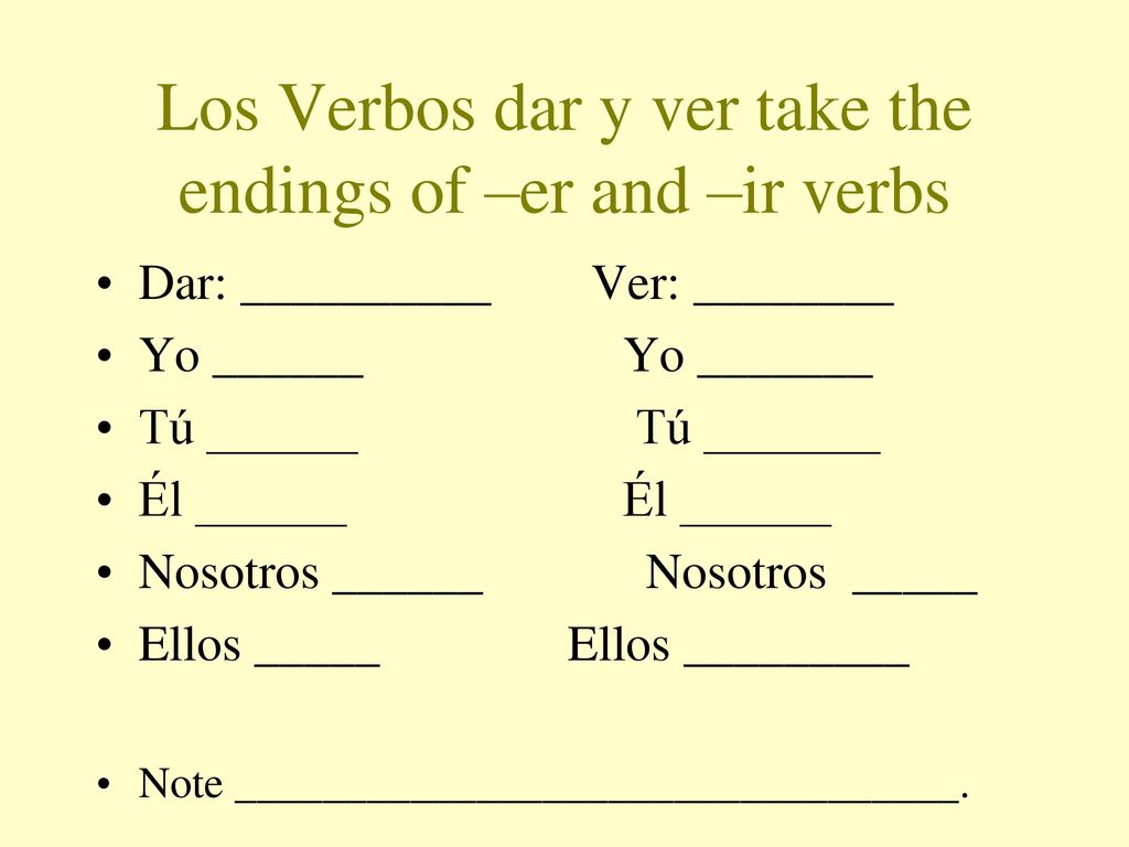 Los Verbos dar y ver take the endings of –er and –ir verbs