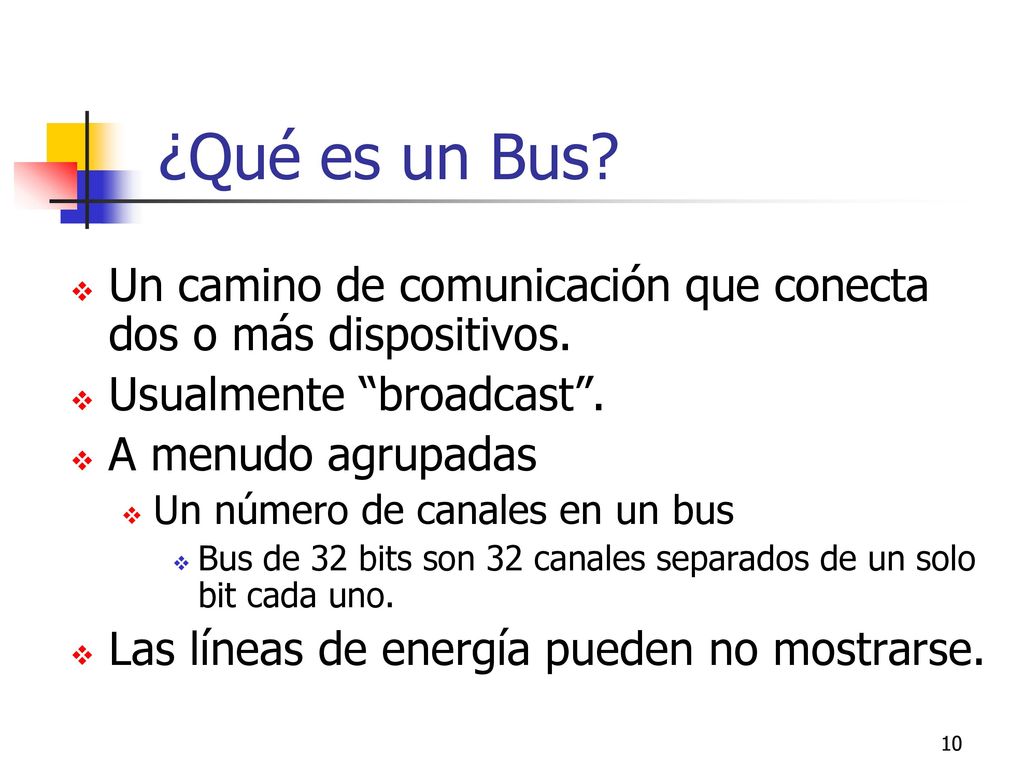 ¿Qué es un Bus Un camino de comunicación que conecta dos o más dispositivos. Usualmente broadcast .
