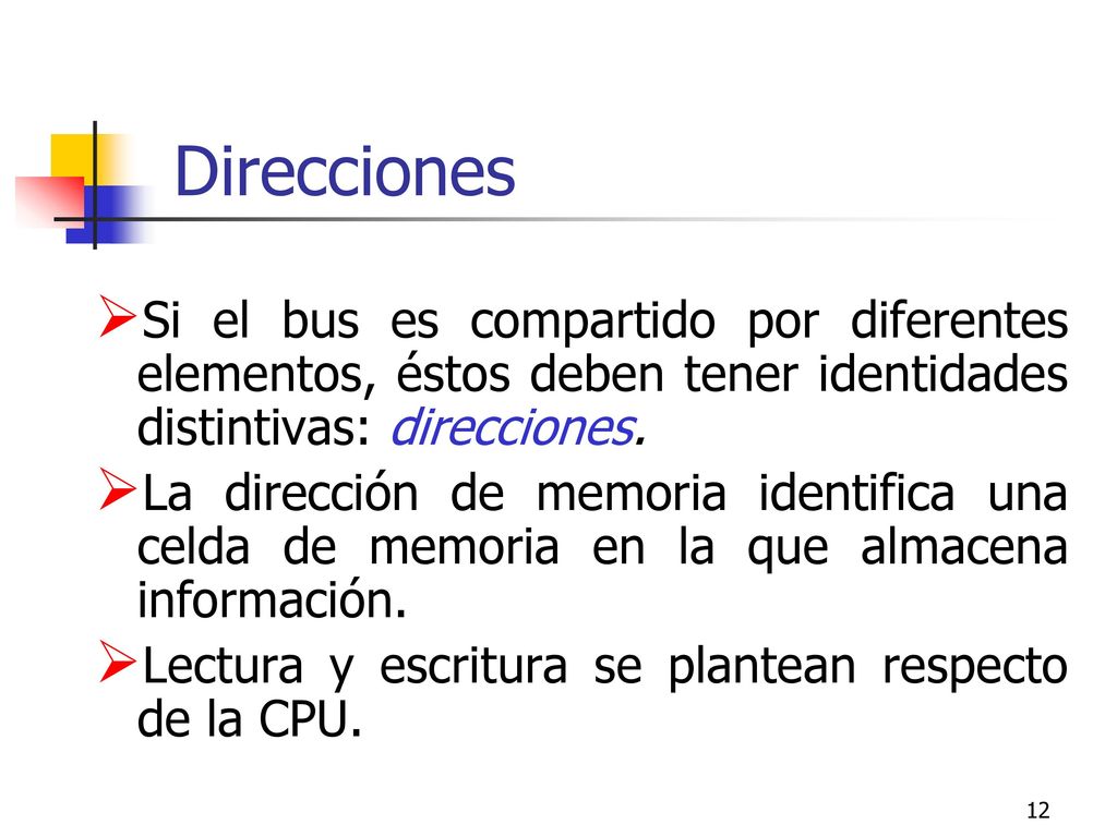 Direcciones Si el bus es compartido por diferentes elementos, éstos deben tener identidades distintivas: direcciones.