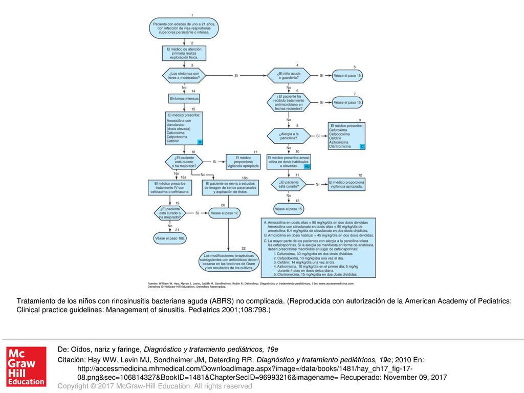 Tratamiento de los niños con rinosinusitis bacteriana aguda (ABRS) no complicada. (Reproducida con autorización de la American Academy of Pediatrics: Clinical practice guidelines: Management of sinusitis. Pediatrics 2001;108:798.)
