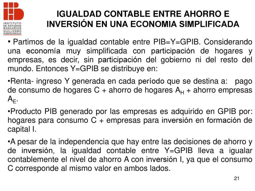 IGUALDAD CONTABLE ENTRE AHORRO E INVERSIÓN EN UNA ECONOMIA SIMPLIFICADA