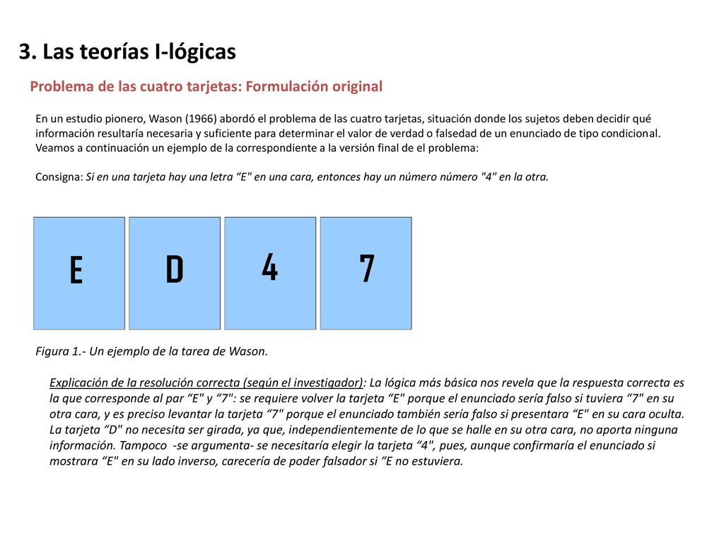 3. Las teorías I-lógicas Problema de las cuatro tarjetas: Formulación original.