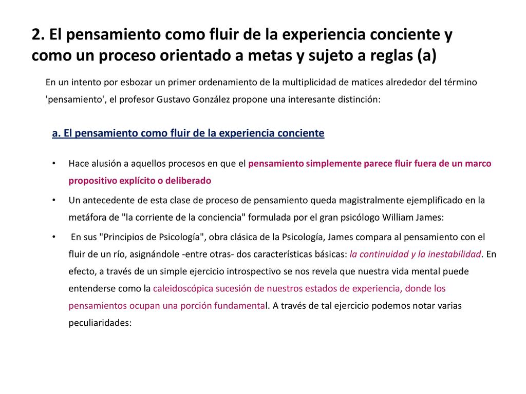 2. El pensamiento como fluir de la experiencia conciente y como un proceso orientado a metas y sujeto a reglas (a)