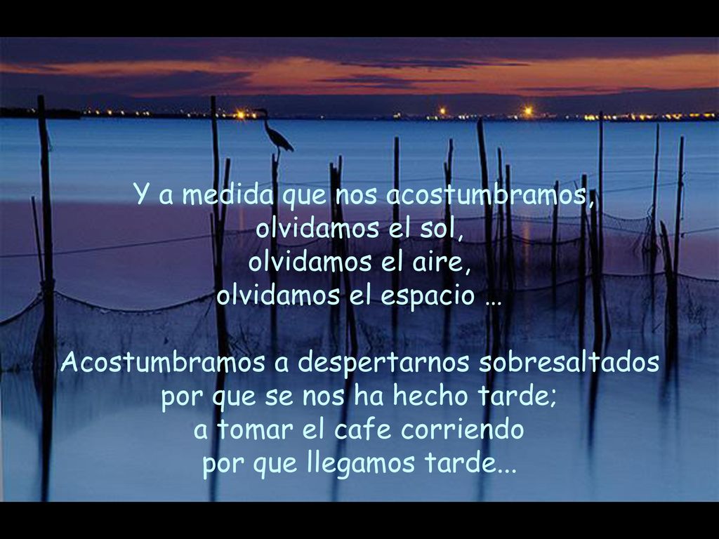 Y a medida que nos acostumbramos, olvidamos el sol, olvidamos el aire, olvidamos el espacio … Acostumbramos a despertarnos sobresaltados por que se nos ha hecho tarde; a tomar el cafe corriendo por que llegamos tarde...