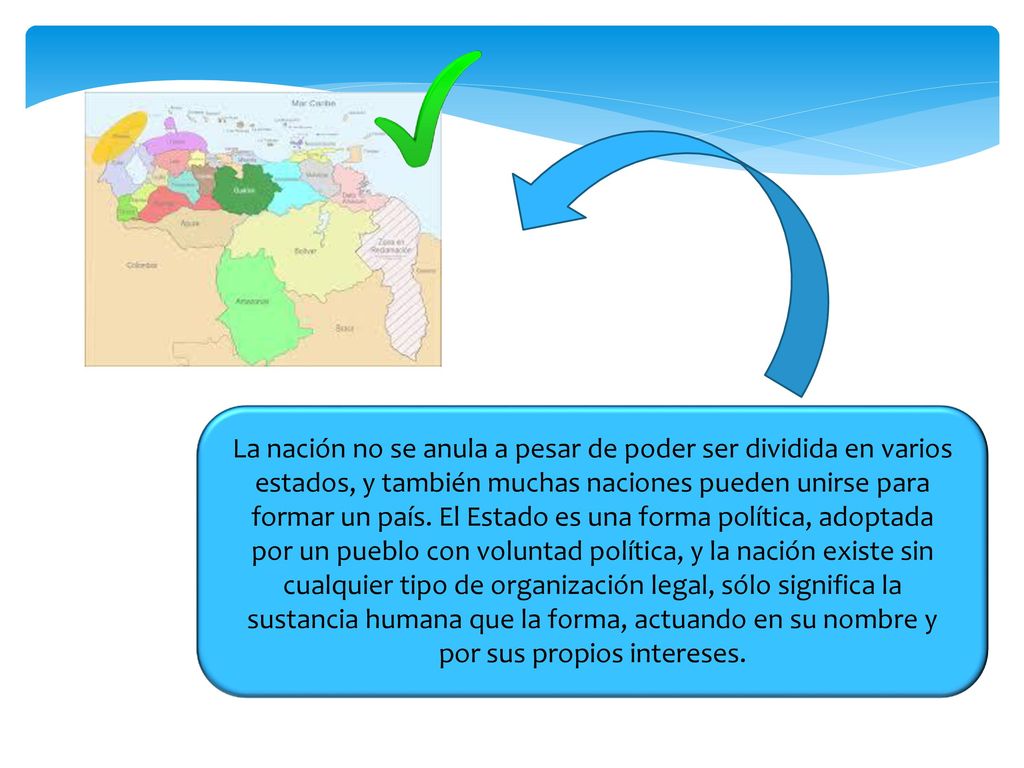 La nación no se anula a pesar de poder ser dividida en varios estados, y también muchas naciones pueden unirse para formar un país.