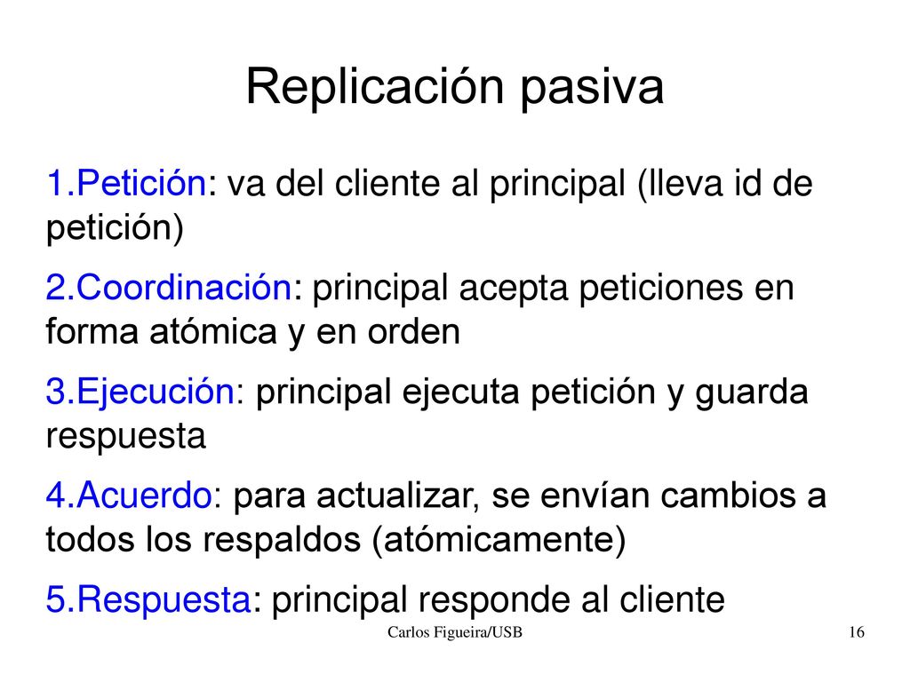 Replicación pasiva Petición: va del cliente al principal (lleva id de petición)