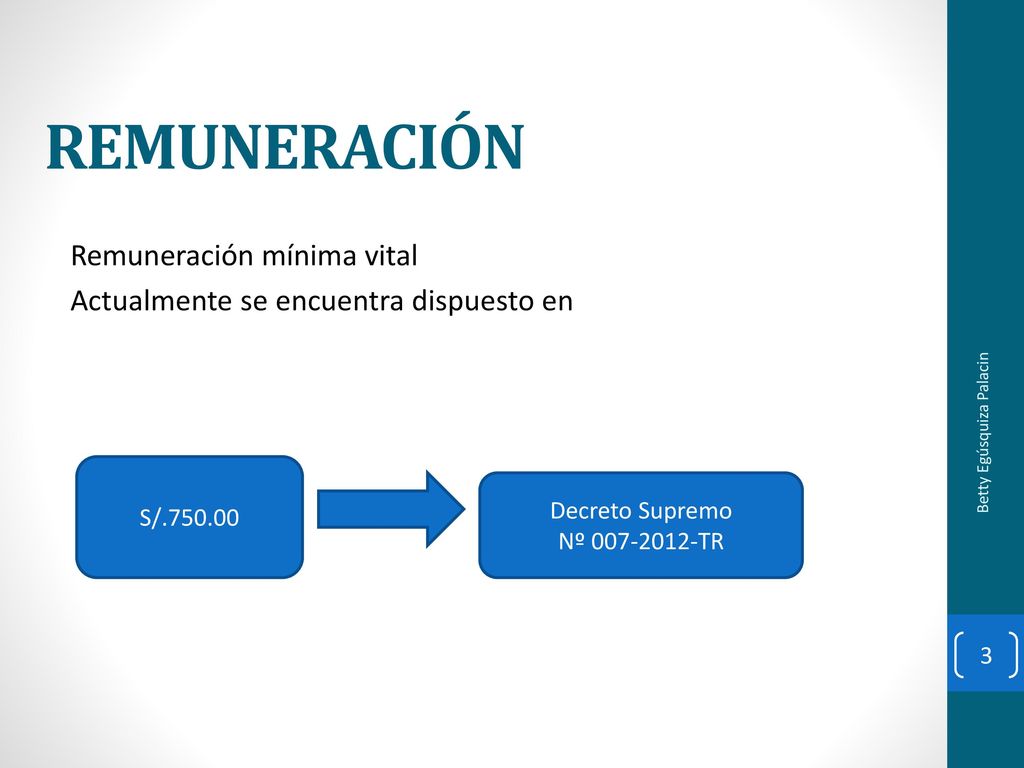 REMUNERACIÓN Remuneración mínima vital Actualmente se encuentra dispuesto en S/ Betty Egúsquiza Palacin.