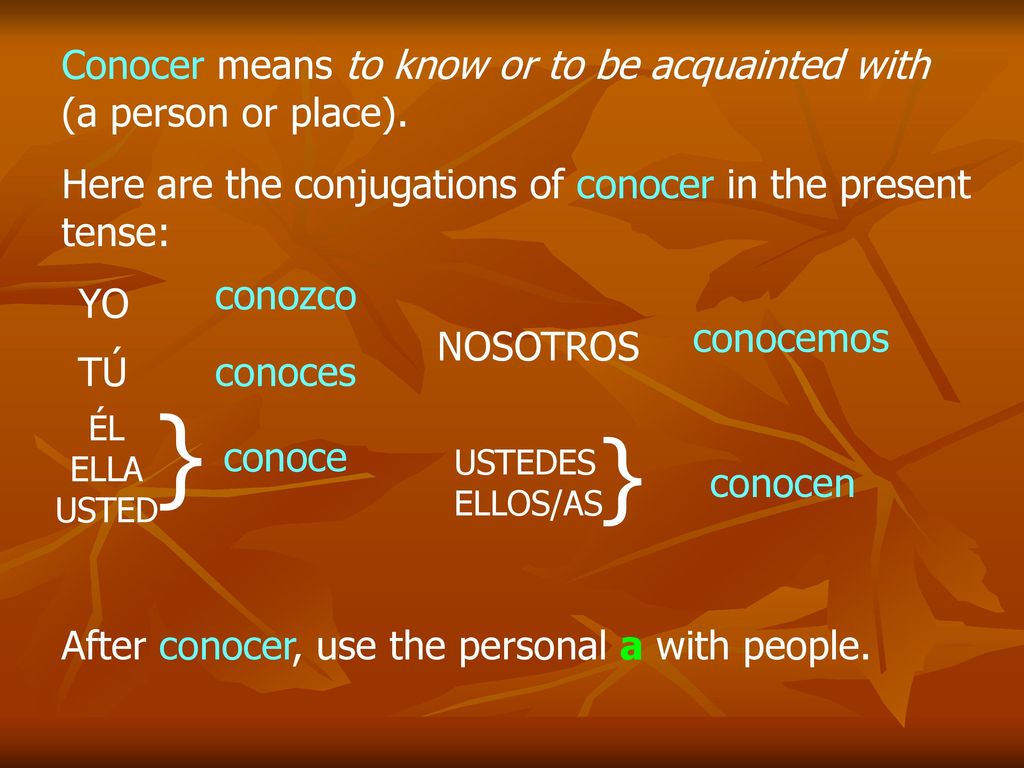 Conocer means to know or to be acquainted with (a person or place).