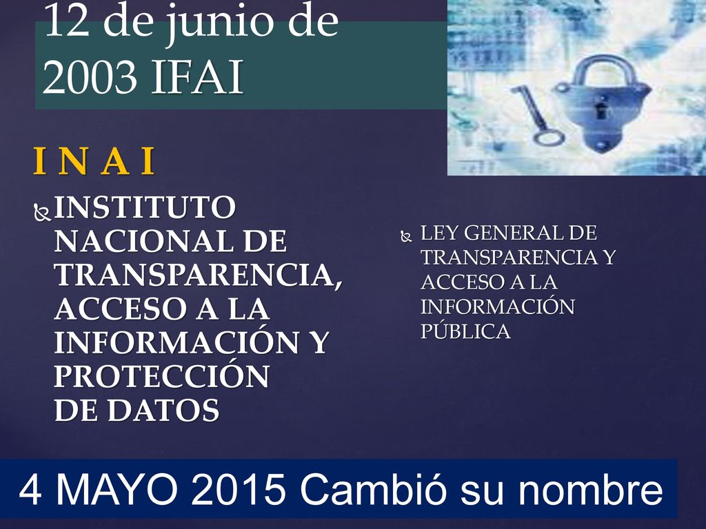 12 de junio de 2003 IFAI 4 MAYO 2015 Cambió su nombre I N A I