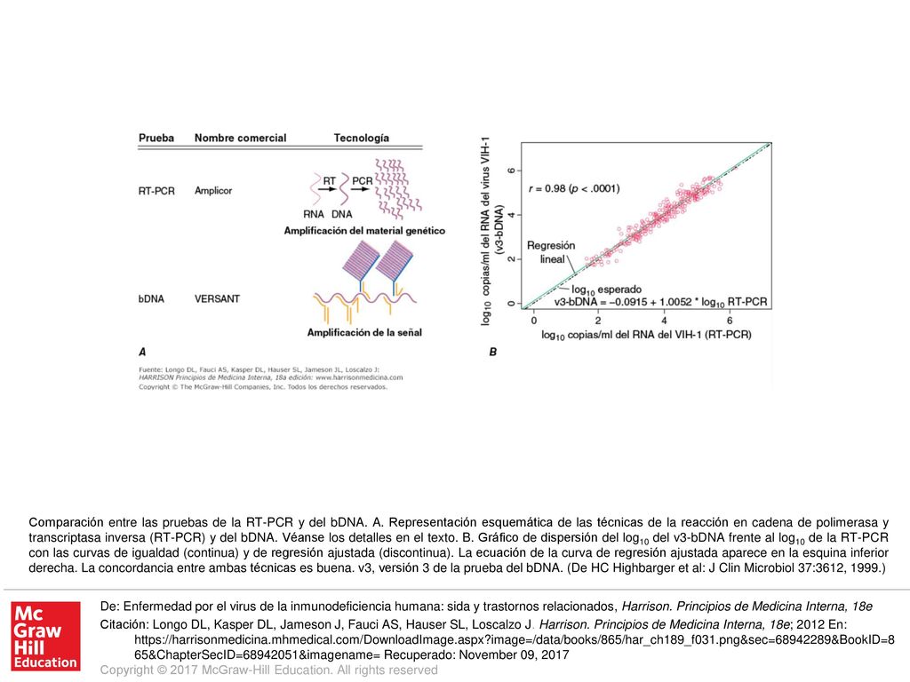 Comparación entre las pruebas de la RT-PCR y del bDNA. A
