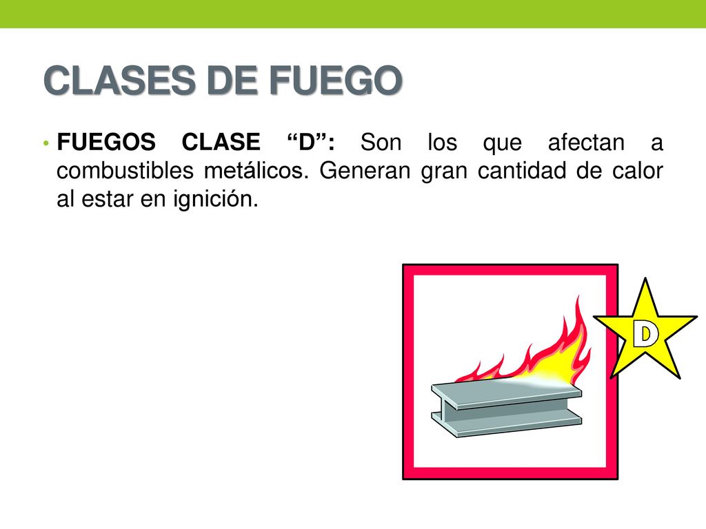 CLASES DE FUEGO FUEGOS CLASE D : Son los que afectan a combustibles metálicos.