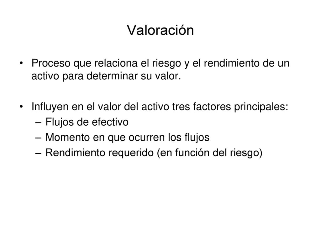 Valoración Proceso que relaciona el riesgo y el rendimiento de un activo para determinar su valor.