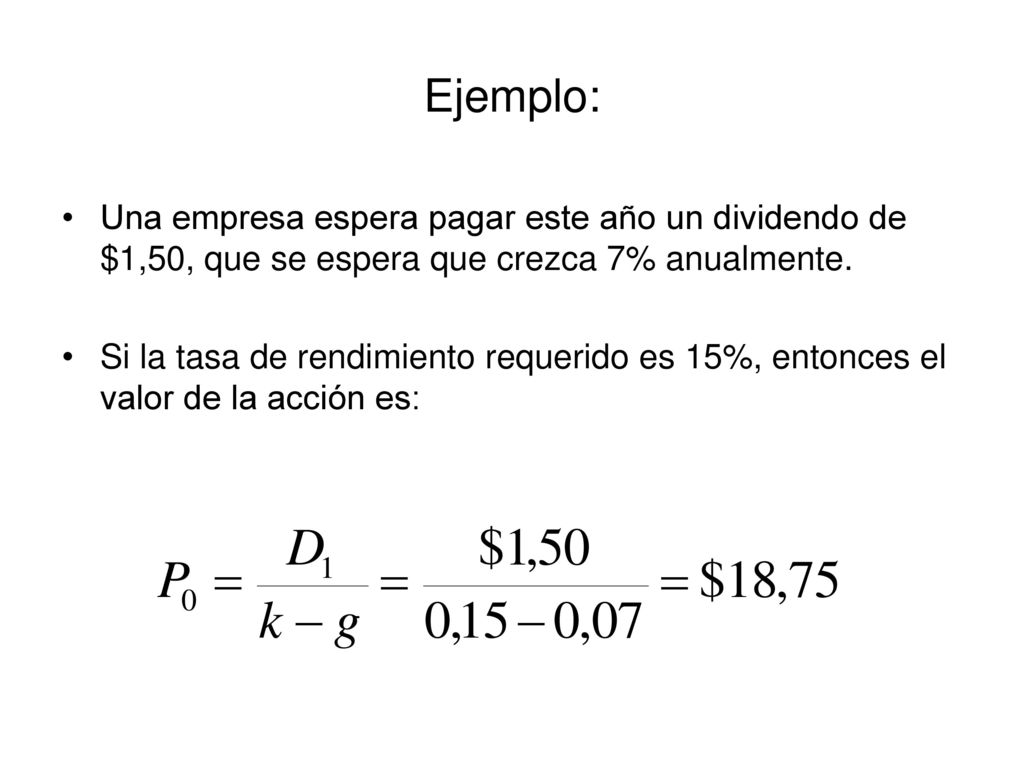 Ejemplo: Una empresa espera pagar este año un dividendo de $1,50, que se espera que crezca 7% anualmente.