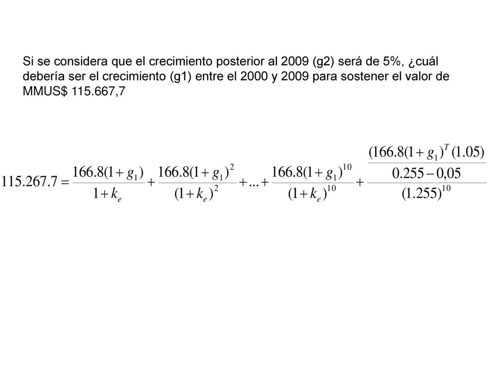 Si se considera que el crecimiento posterior al 2009 (g2) será de 5%, ¿cuál debería ser el crecimiento (g1) entre el 2000 y 2009 para sostener el valor de MMUS$ ,7