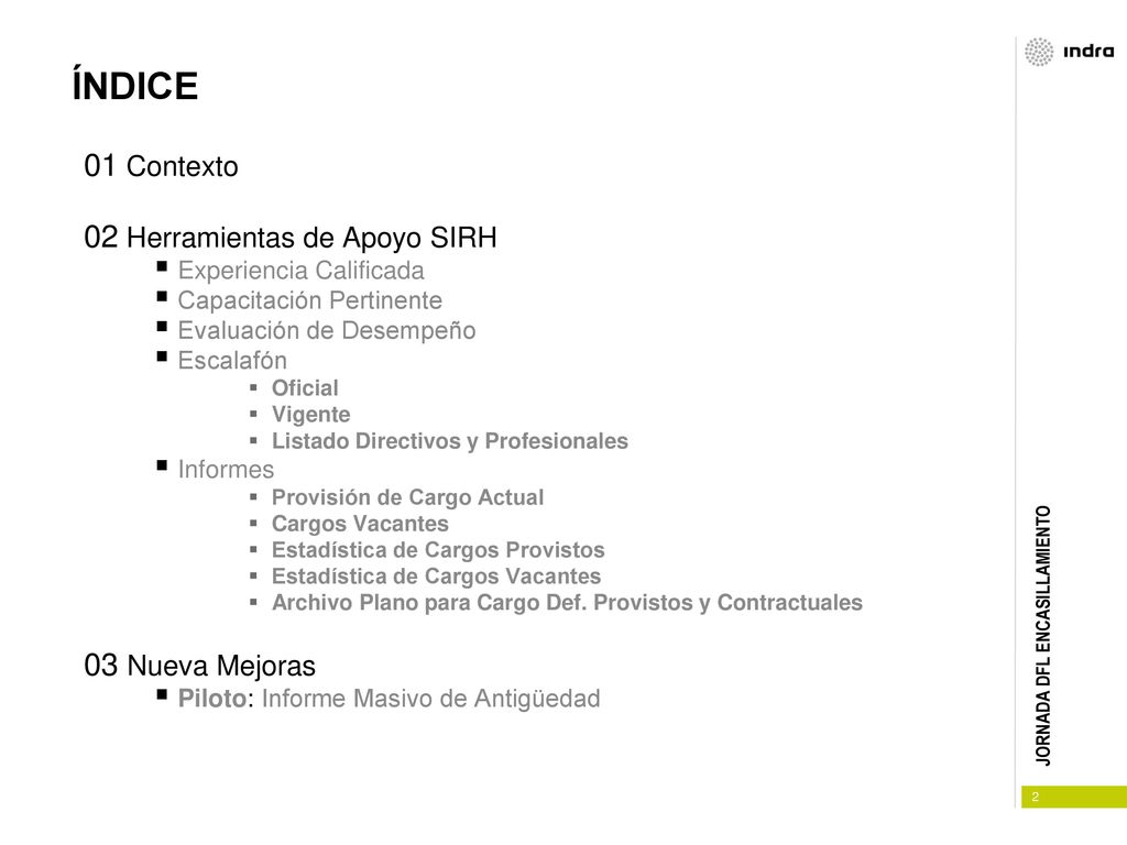 ÍNDICE 01 Contexto 02 Herramientas de Apoyo SIRH 03 Nueva Mejoras